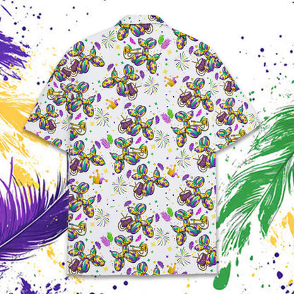 White mardi hawaiian shirt with festive balloon dog print, main view