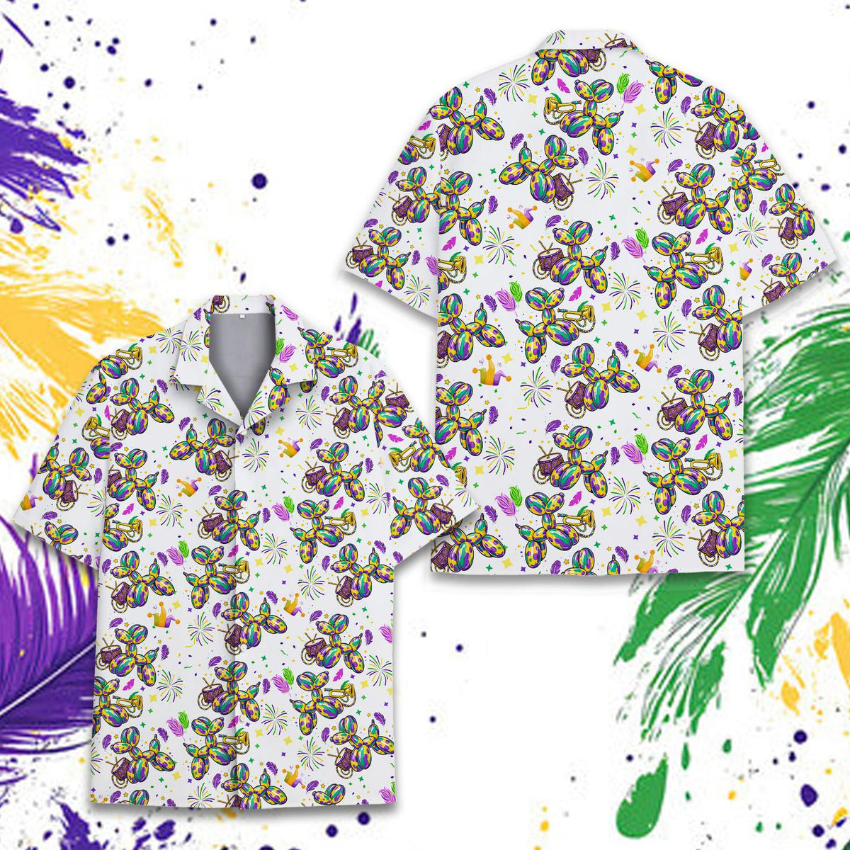 Second lifestyle view of the Mardi Gras balloon dog Hawaiian shirt