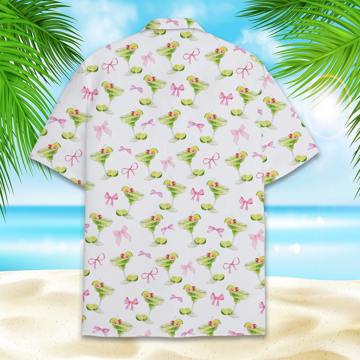 Close up back view of the bows hawaiian shirt