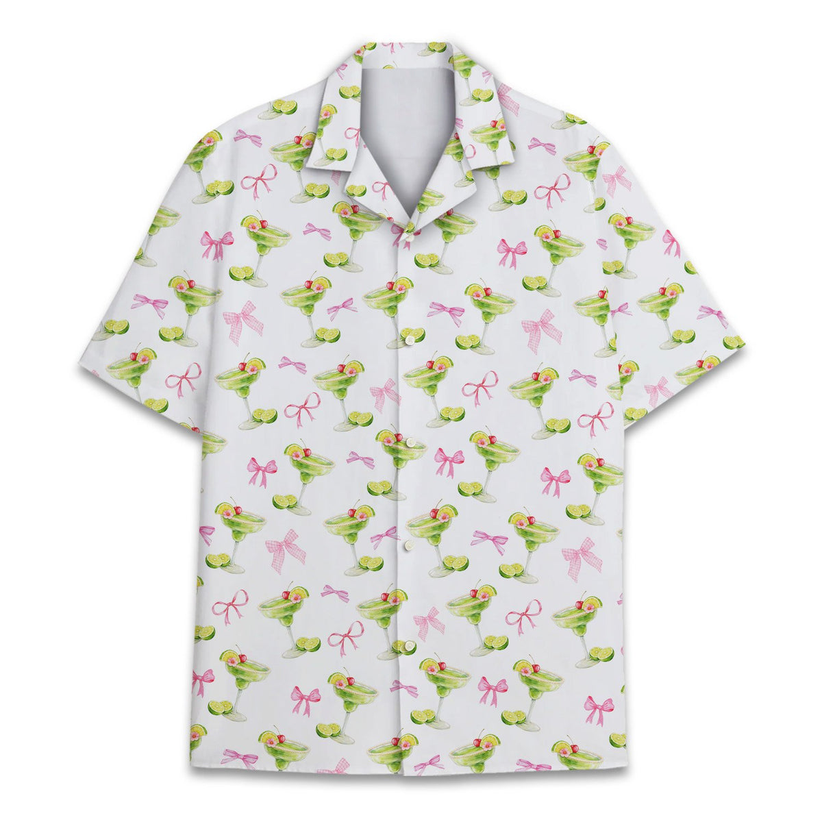 Close up front view of margaritas and bows hawaiian shirt