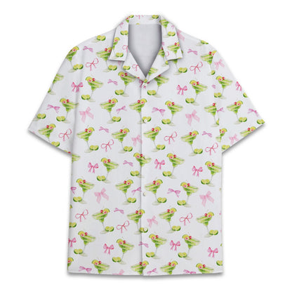 Close up front view of margaritas and bows hawaiian shirt
