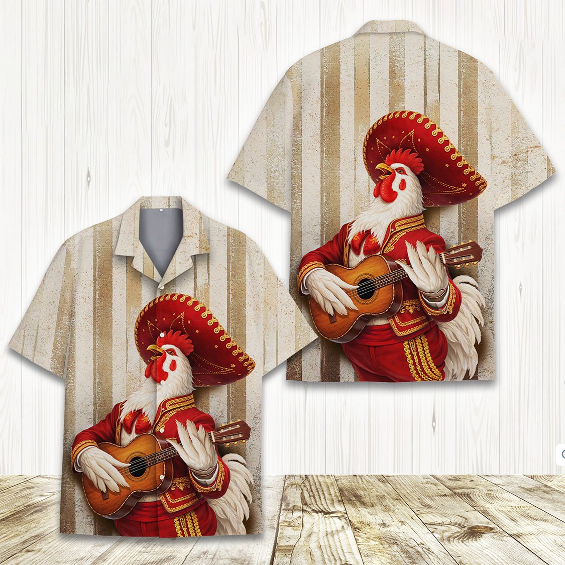 Another front view of the matching family hawaiian shirts with rooster design