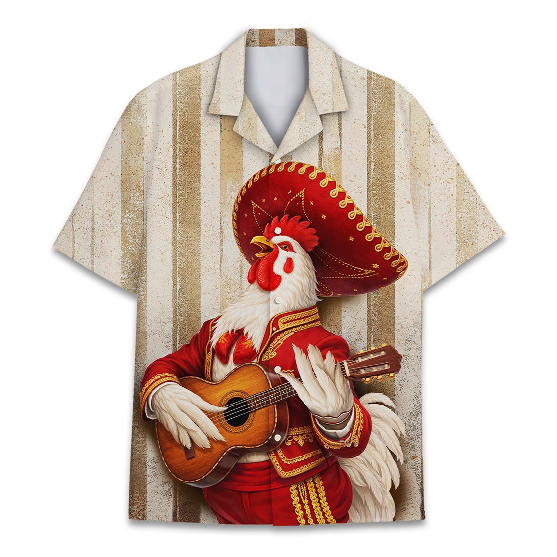 Mariachi rooster hawaiian shirt on a beige striped background, front view