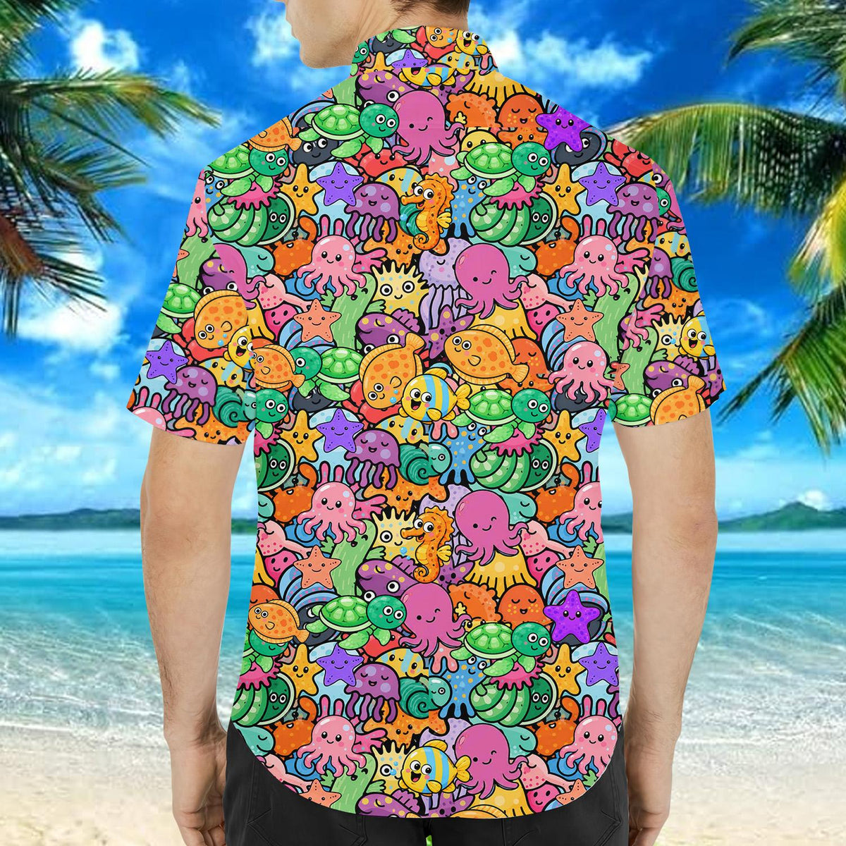 Detailed back view of the multi-color marine life hawaiian shirt