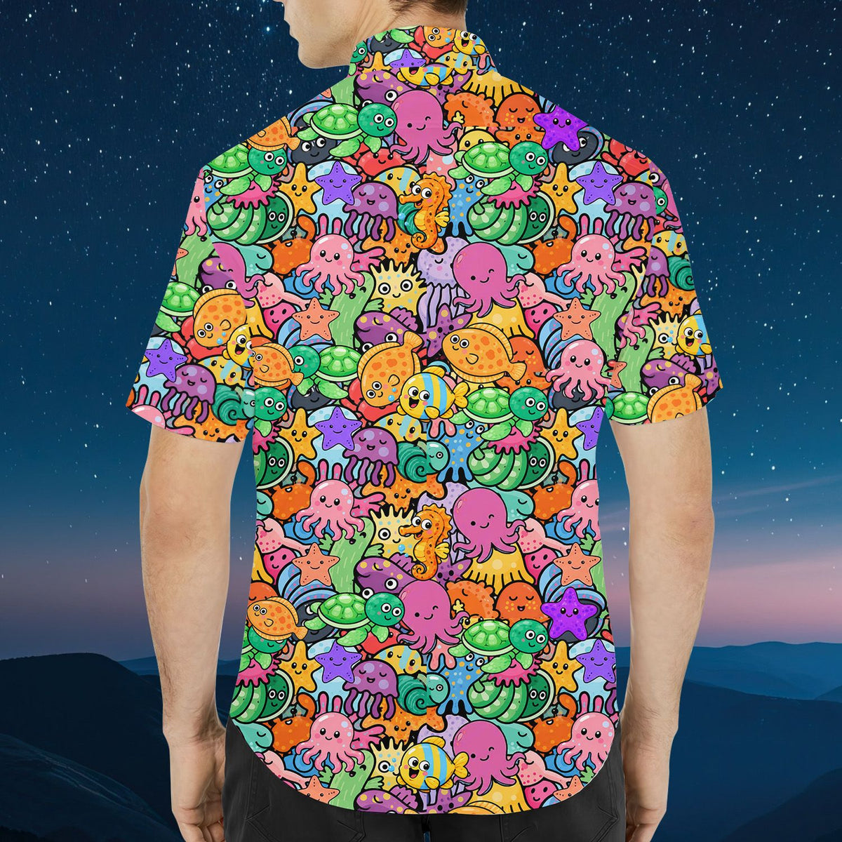Back view of the vibrant marine life hawaiian shirt
