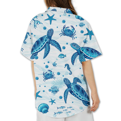 Back view of the marine life hawaiian shirt showing the all-over ocean pattern