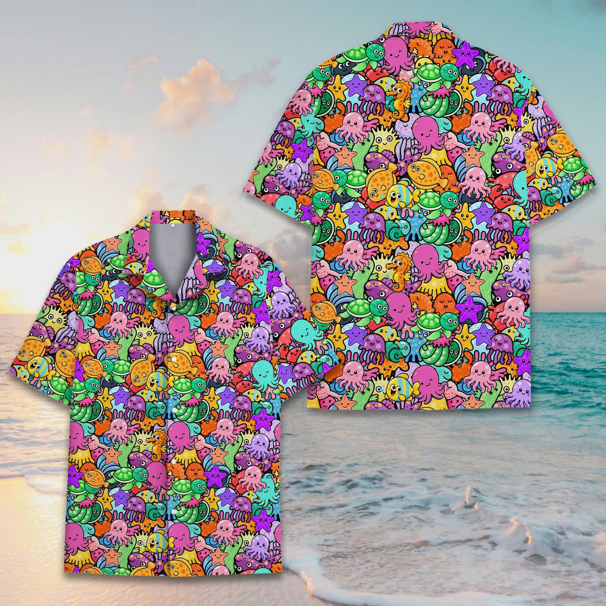 Alternative front view of the marine life hawaiian shirt on hanger