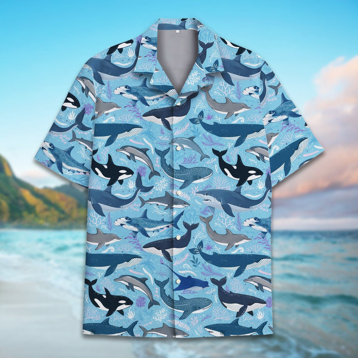 Another front view showcasing the light blue background and ocean pattern