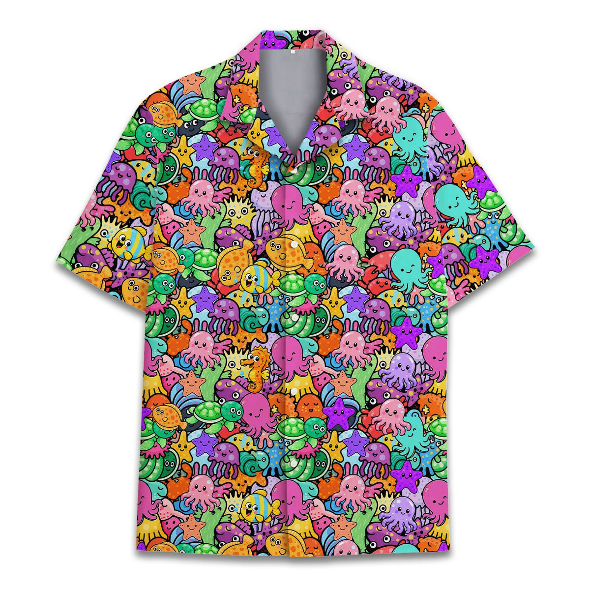 Close up front detail of the marine life hawaiian shirt