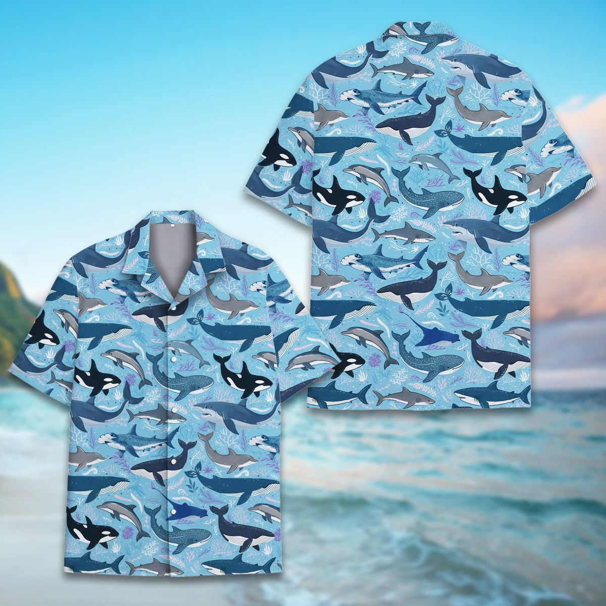 Close up front view of the marine life hawaiian shirt details