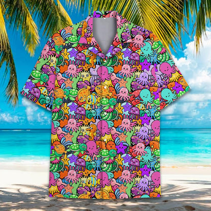 Detailed front view showing buttons and collar on the marine life hawaiian shirt