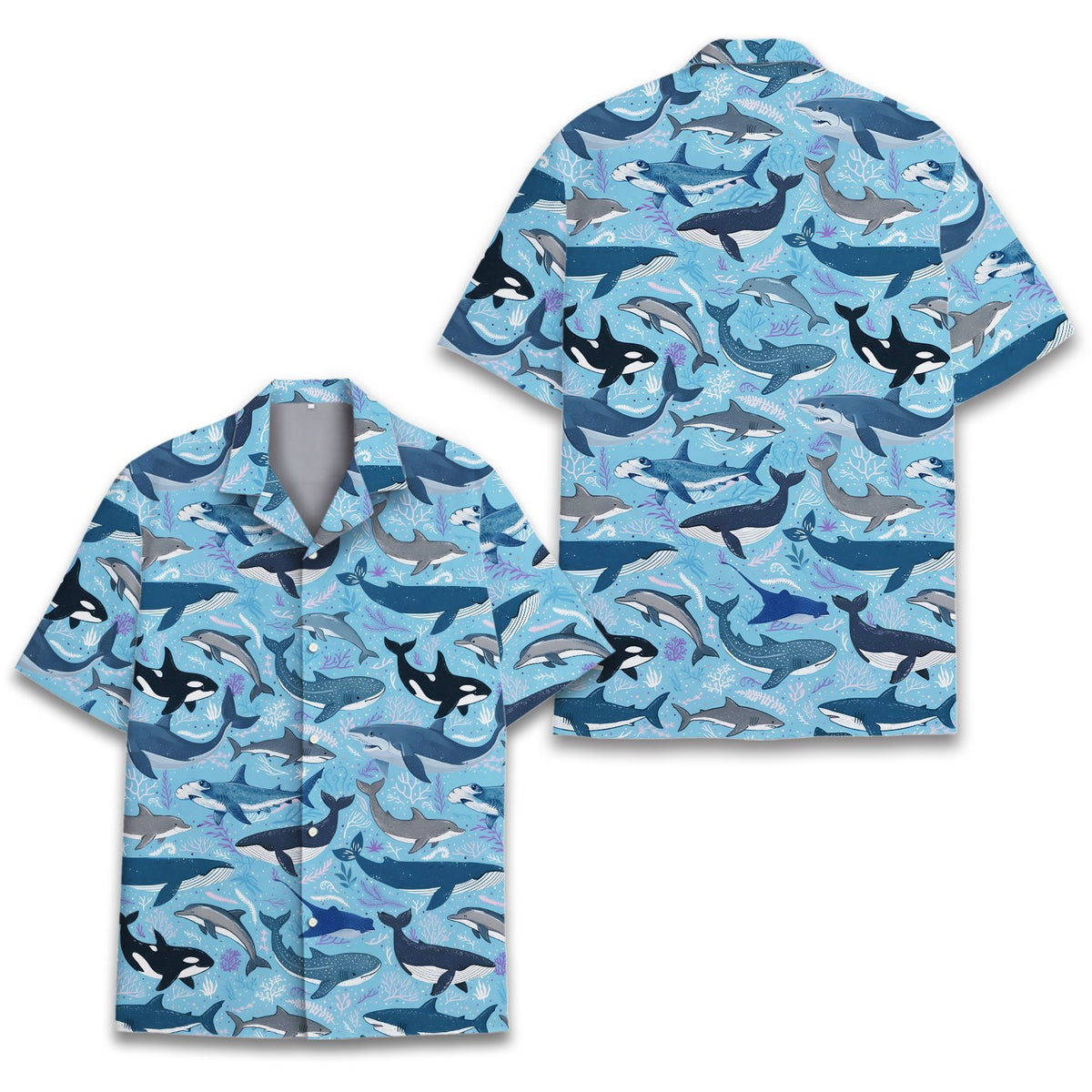 Main view of the blue marine hawaiian shirt featuring sharks and whales