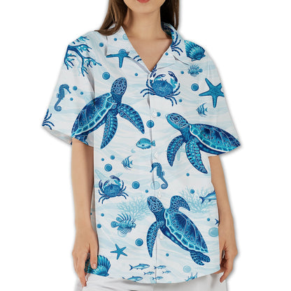 Main view of the white marine hawaiian shirt featuring an underwater ocean scene with sea turtles