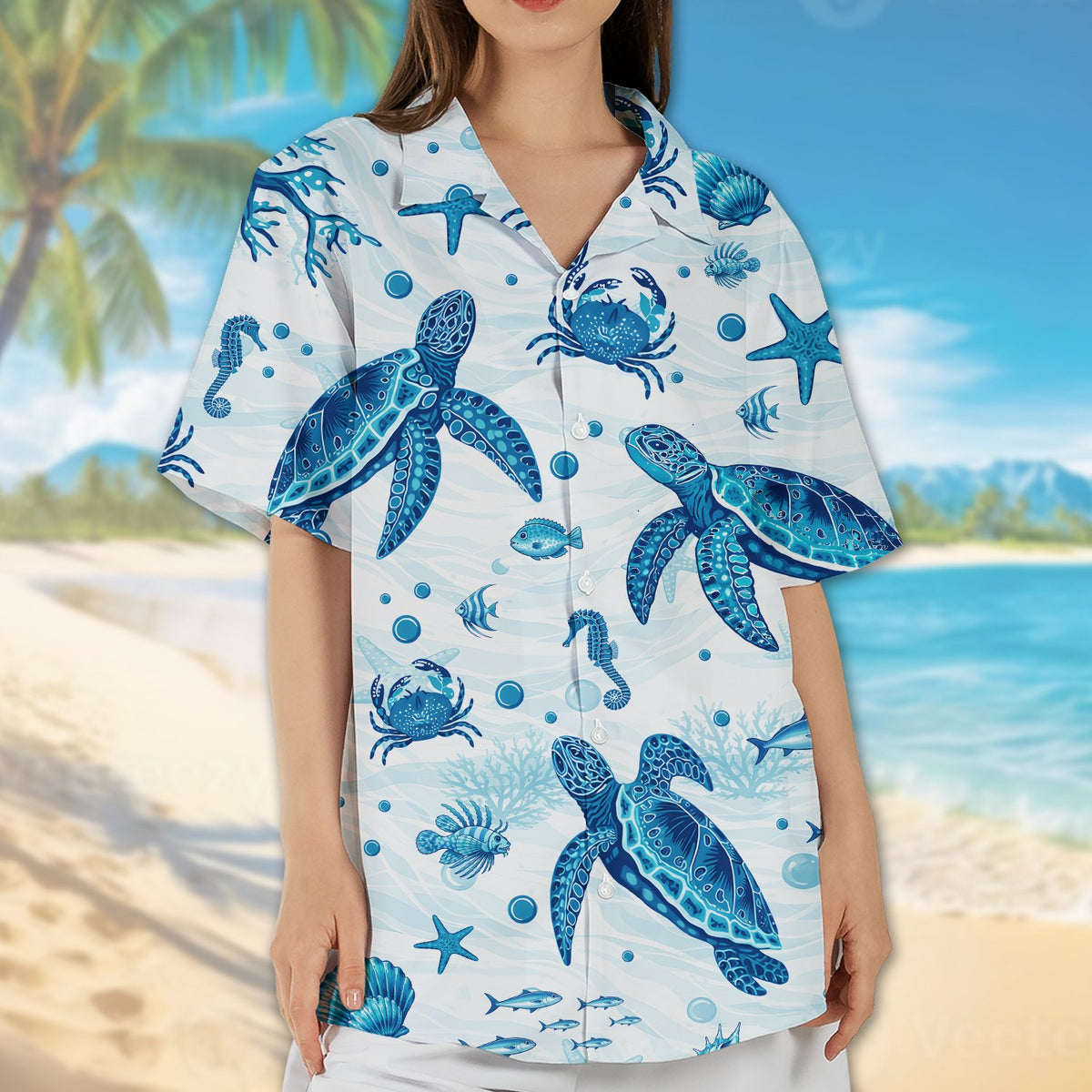 Second lifestyle view featuring the marine life hawaiian shirt worn outdoors during summer