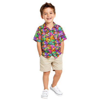 Lifestyle view of someone wearing the matching family hawaiian shirts
