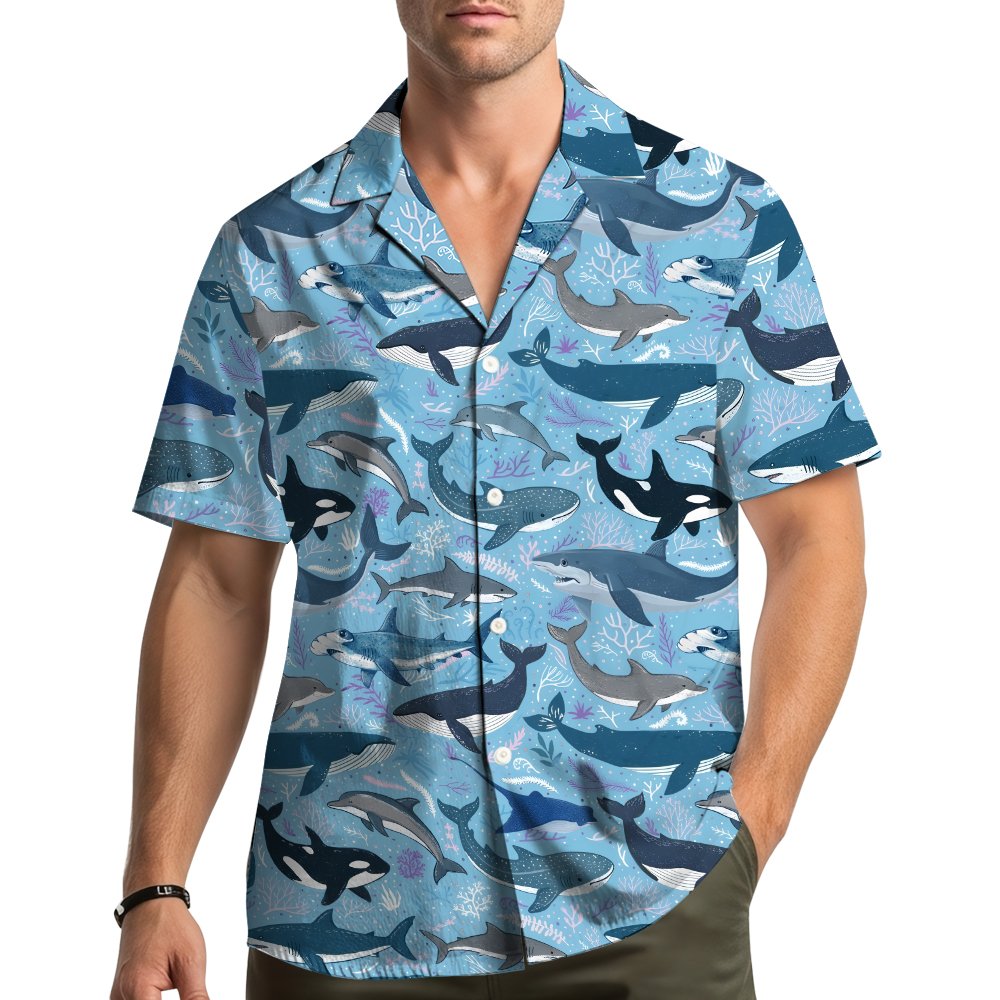 Lifestyle view of the family wearing their matching marine hawaiian shirts