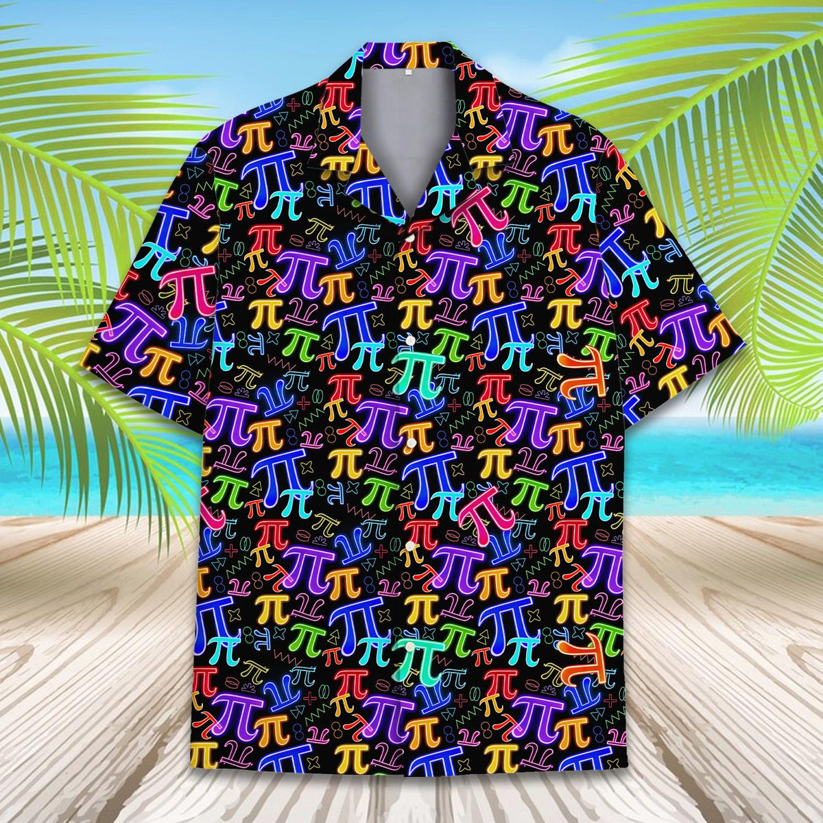 Close-up of the neon Pi symbols on the front of the black shirt