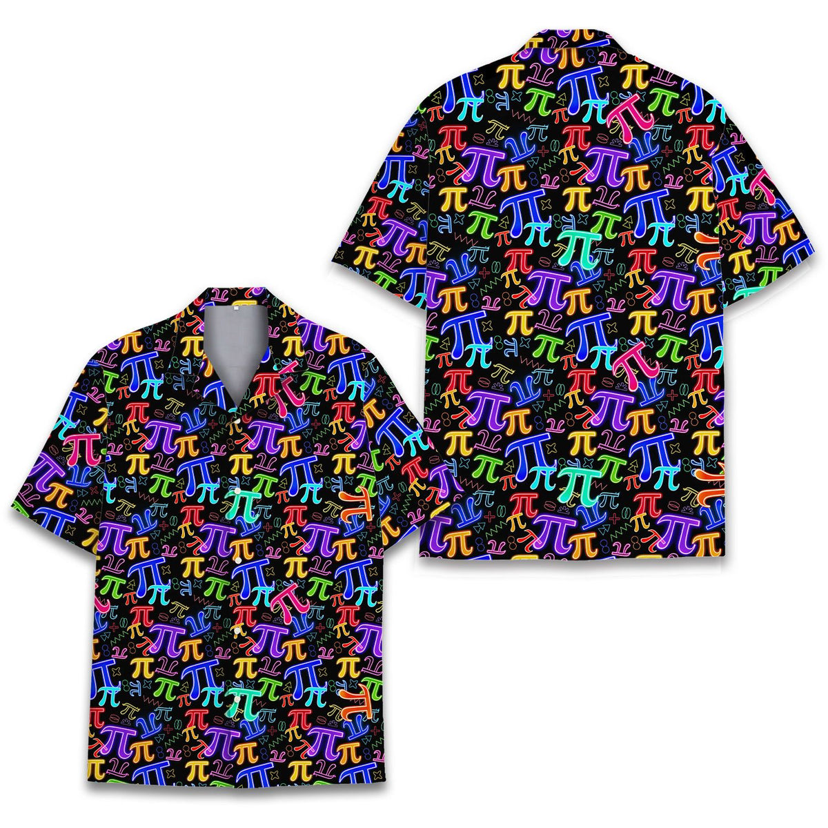 Collar and button detail on the colorful math hawaiian shirt