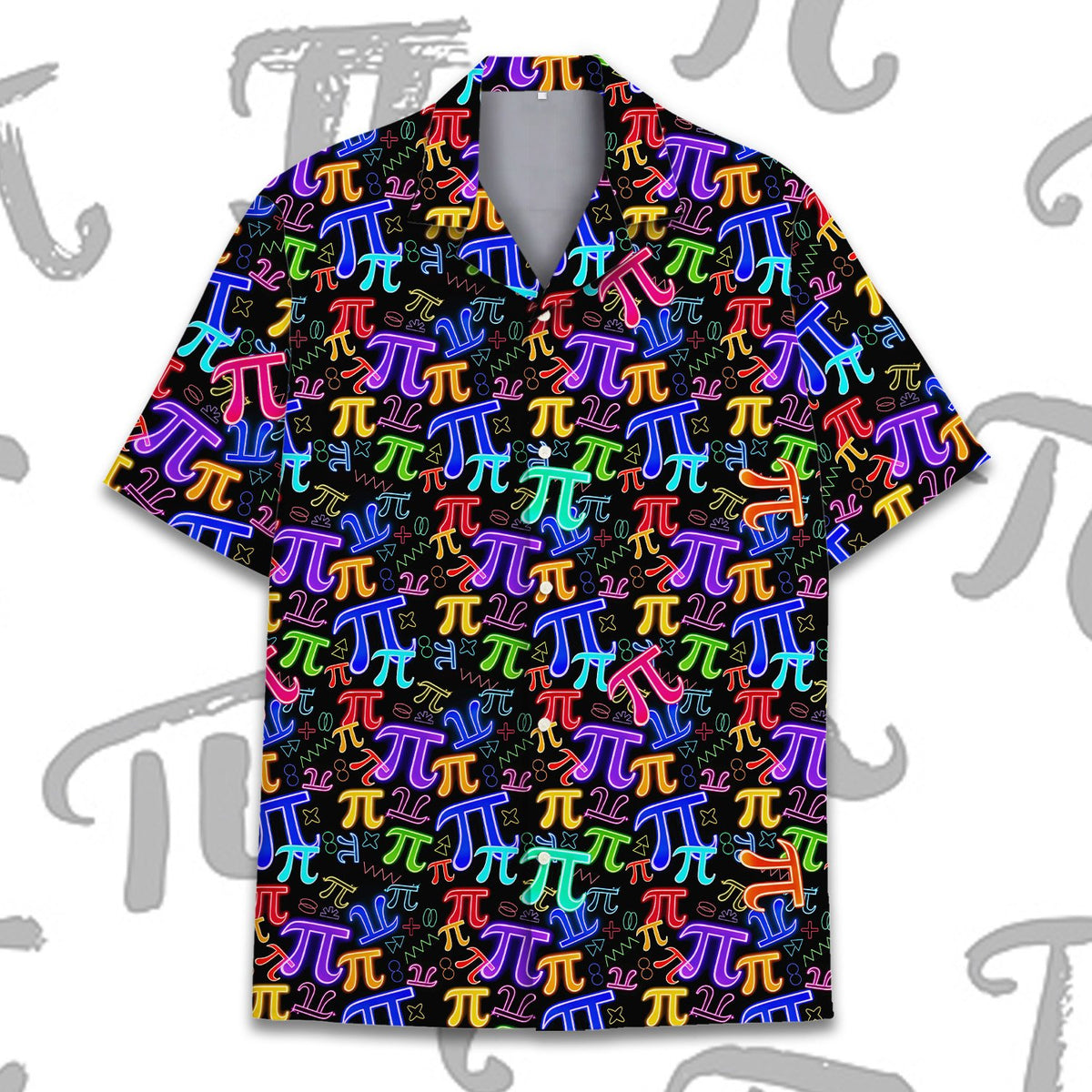 Front view of the black math hawaiian shirt with colorful symbols