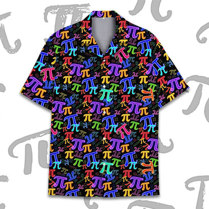 Front view of the black math hawaiian shirt with colorful symbols