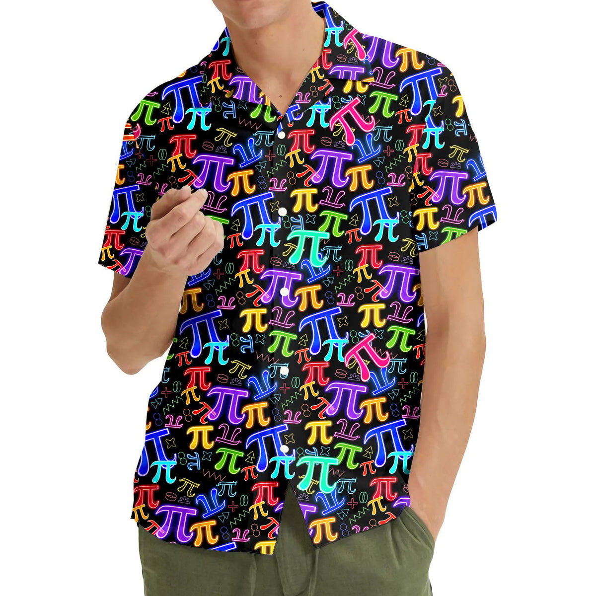 Casual lifestyle view featuring the neon Pi symbols shirt