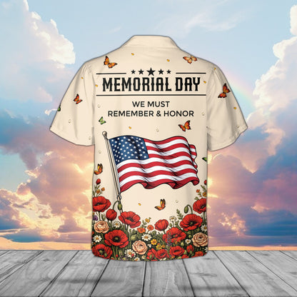 Back view of the memorial hawaiian shirt displaying an American flag and honor text