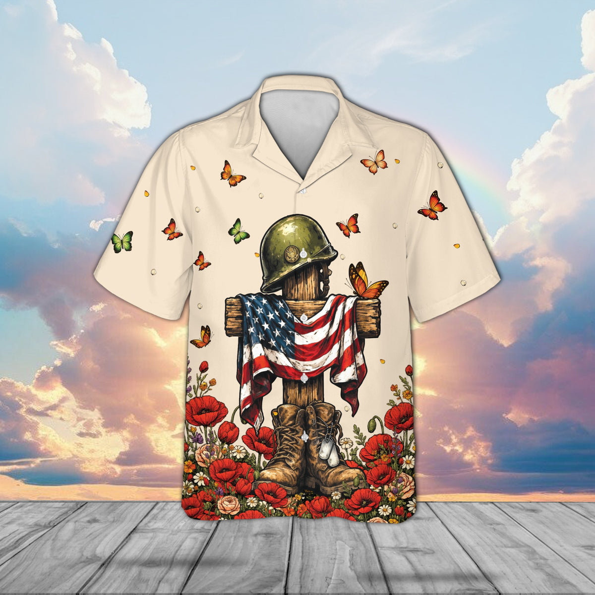 Front detail view of the beige memorial hawaiian shirt with patriotic design