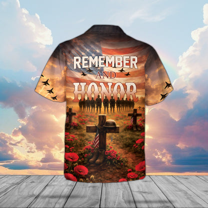 Back view of the patriotic Hawaiian shirt displaying the text Remember and Honor