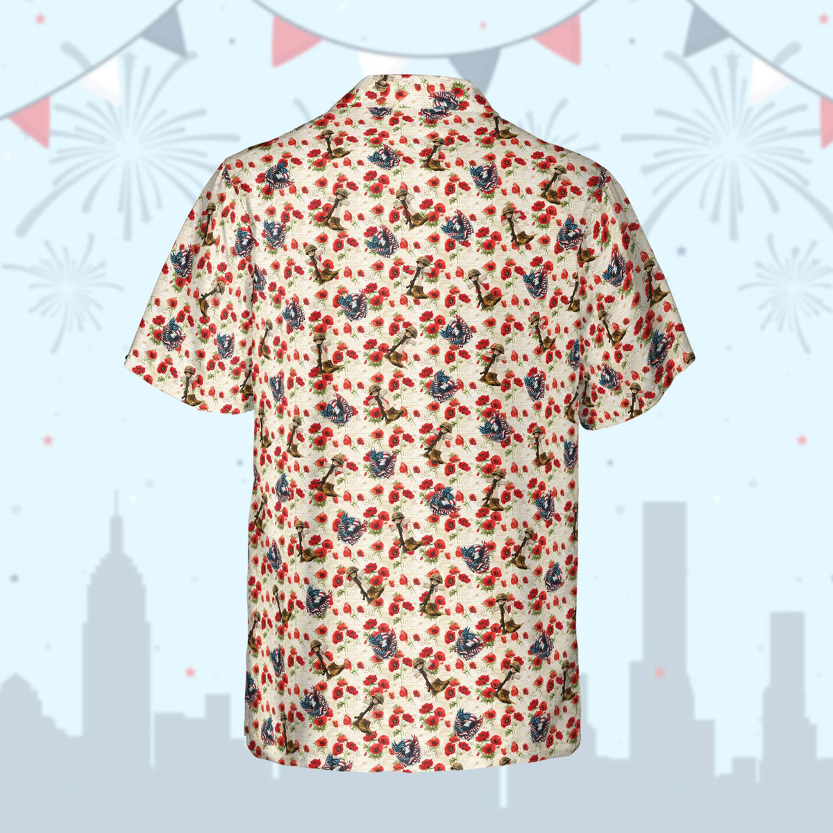Back view of the matching family hawaiian shirt displaying the all-over red poppies and cross pattern
