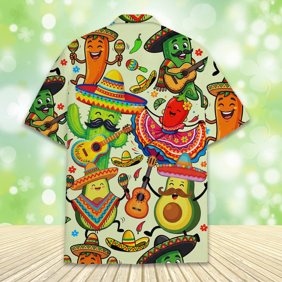 Close-up back view of the beige Hawaiian shirt with fiesta cartoon design