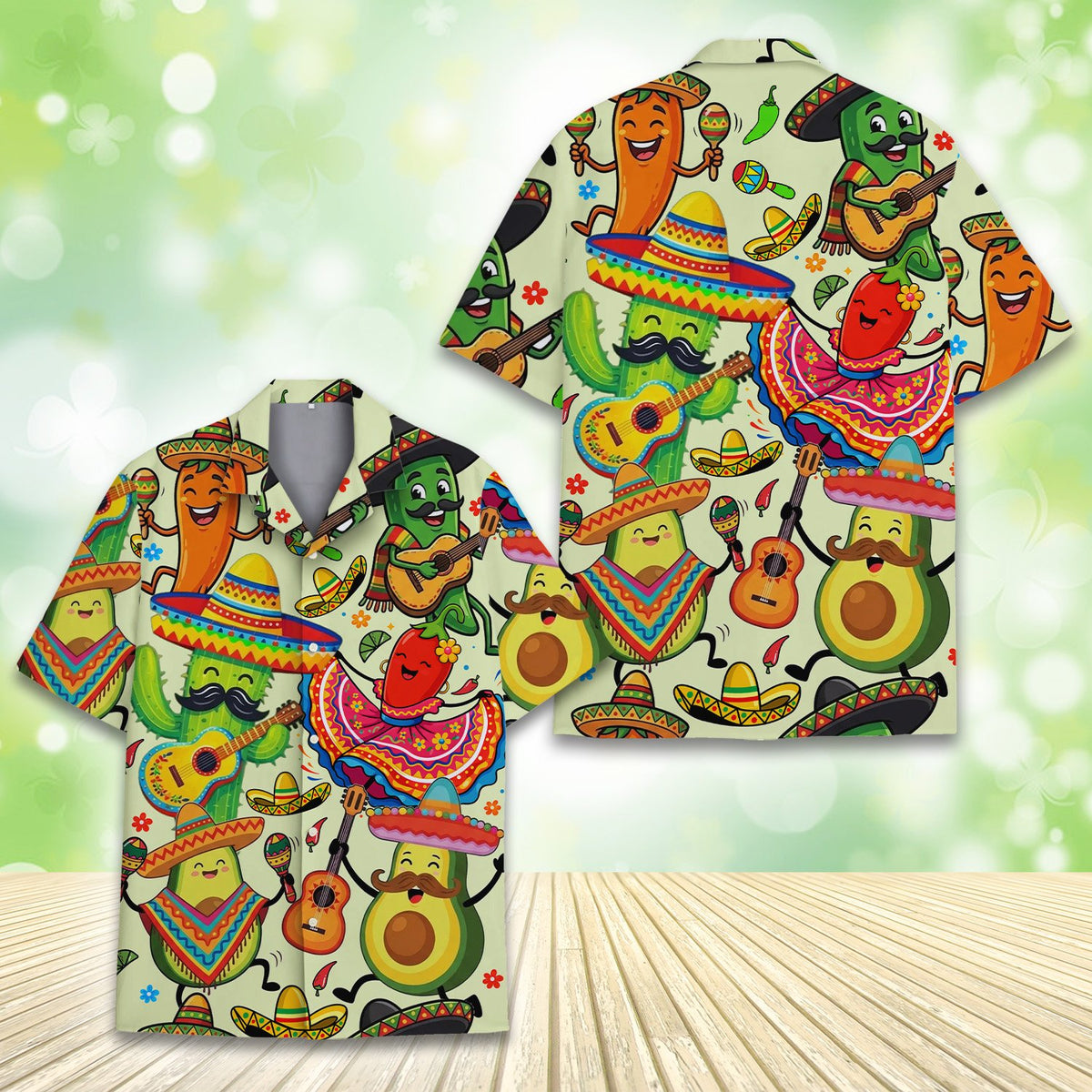 Close-up front view of the Mexican fiesta cartoon pattern Hawaiian shirt