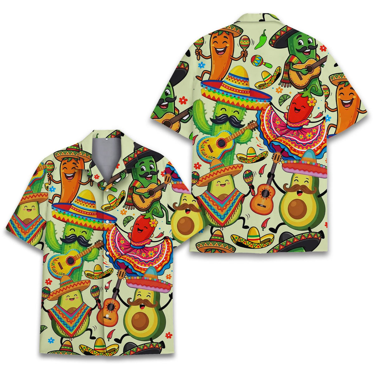 Another front view of the festive beige Hawaiian shirt