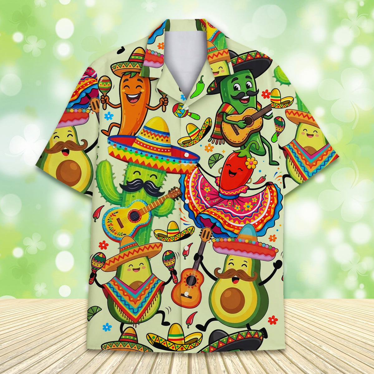 Light beige Mexican Cinco de Mayo Hawaiian shirt featuring cartoon avocados and cacti, main view