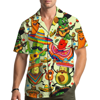 Lifestyle view of a family wearing matching family hawaiian shirts with the Mexican fiesta design