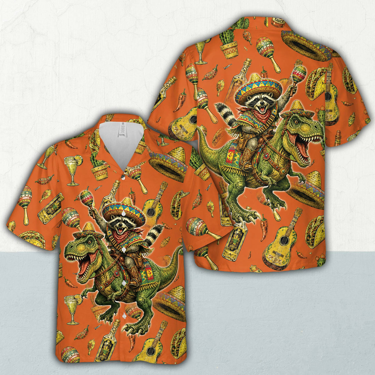 Bright orange hawaiian shirts for men featuring a Mexican fiesta raccoon and T-Rex design, front view