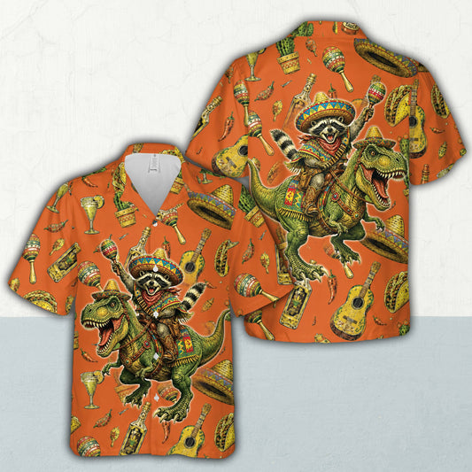 Bright orange hawaiian shirts for men featuring a Mexican fiesta raccoon and T-Rex design, front view