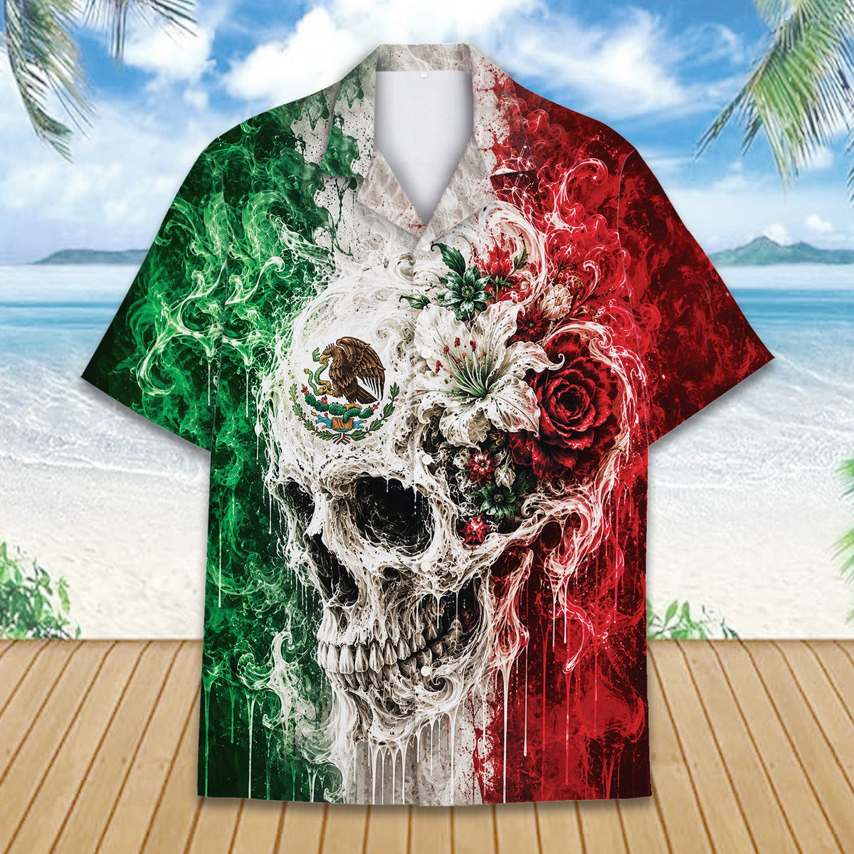 Detailed front view showing the Mexican coat of arms on the skull forehead