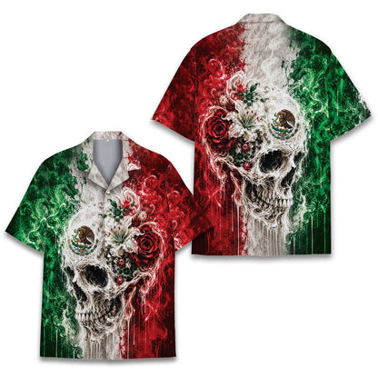 Additional front angle of the green, white, and red Mexico skull shirt