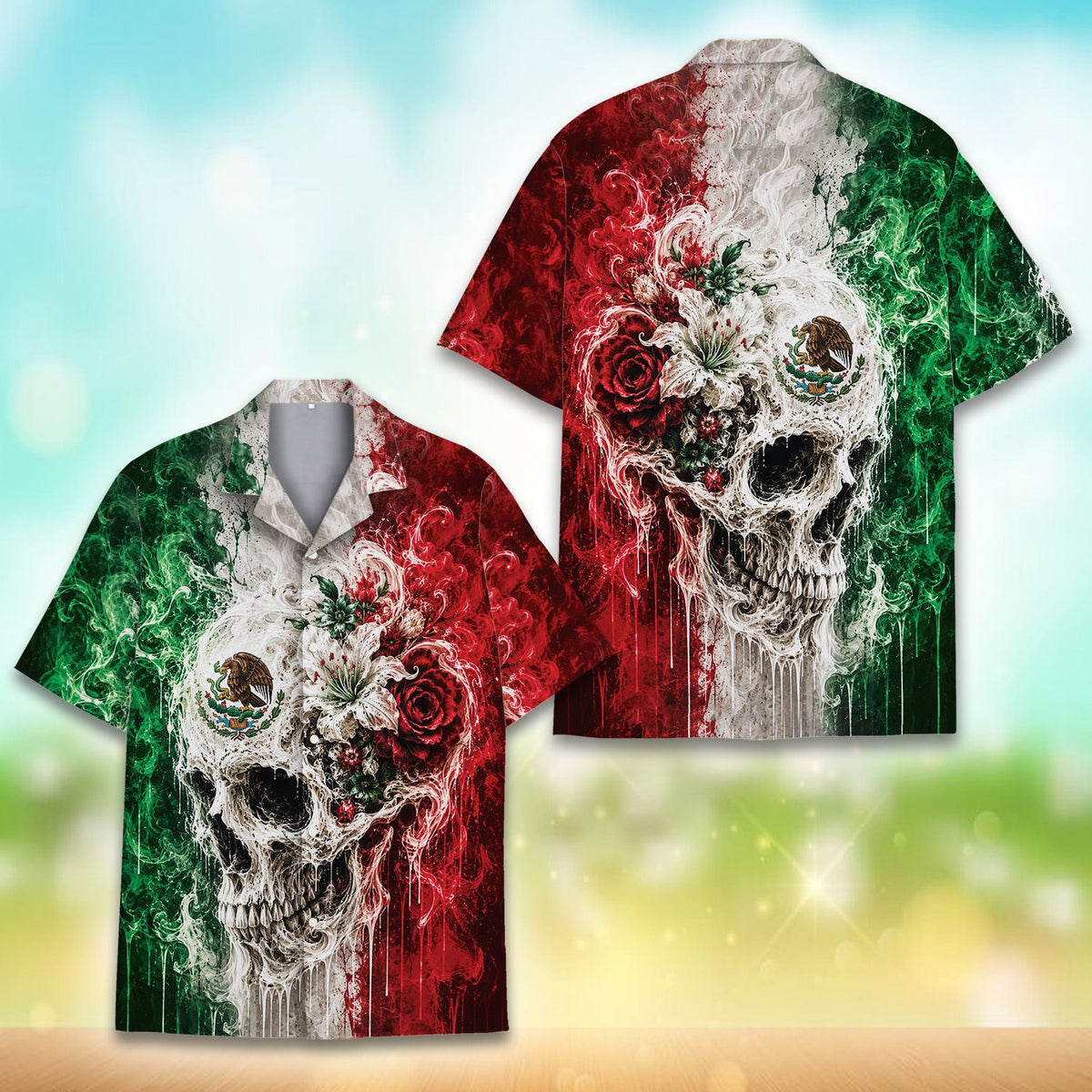 Styled front view of the floral skull hawaiian shirt