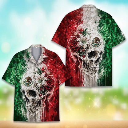 Styled front view of the floral skull hawaiian shirt