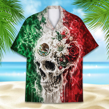 Front view of the vibrant adult Mexico skull hawaiian shirt
