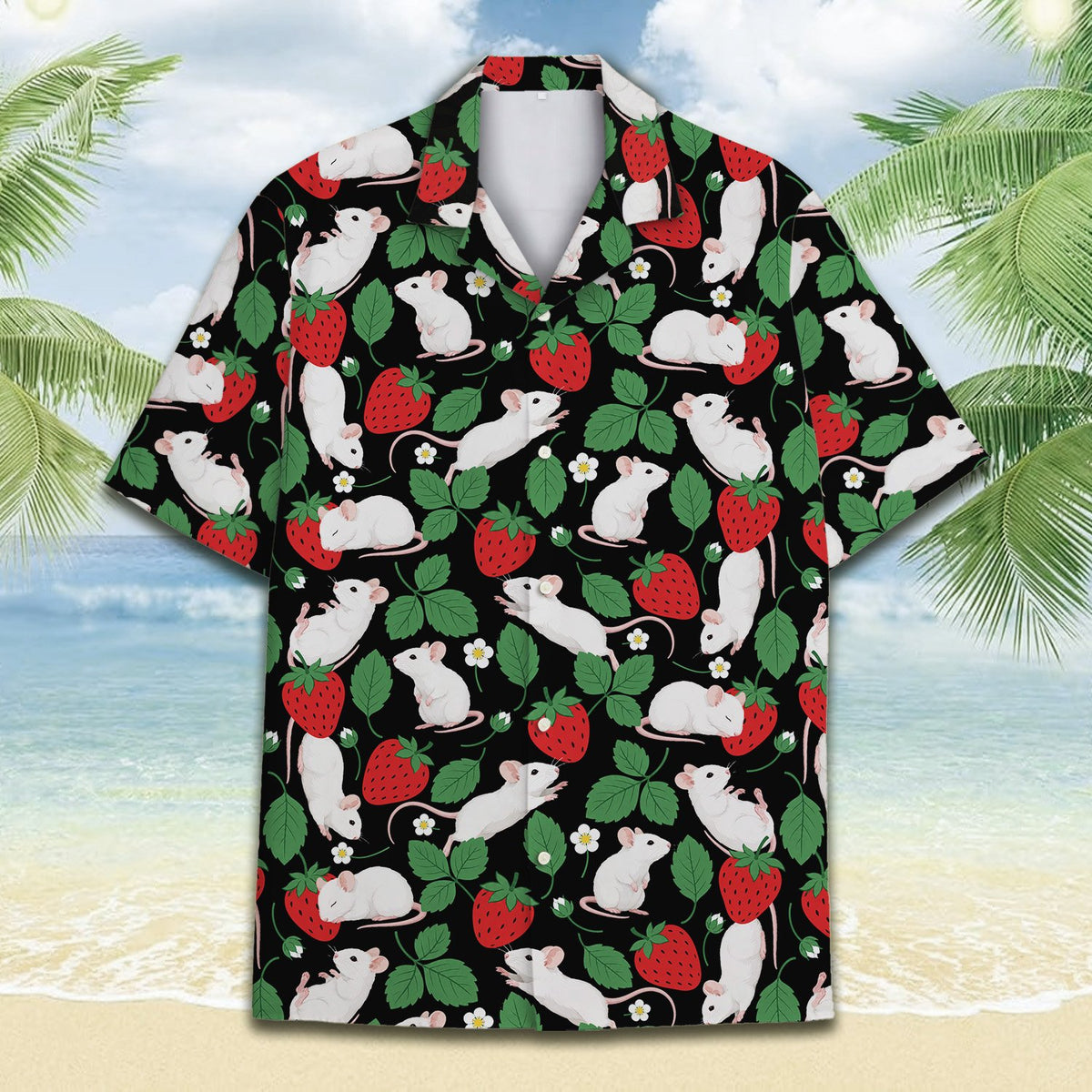 Detailed front view of mice and strawberries Hawaiian shirt