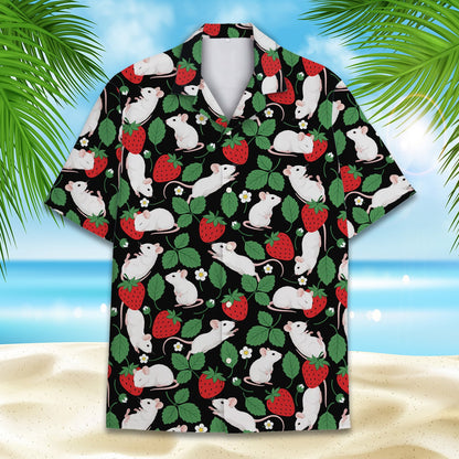 Close up front view of the black strawberries hawaiian shirt