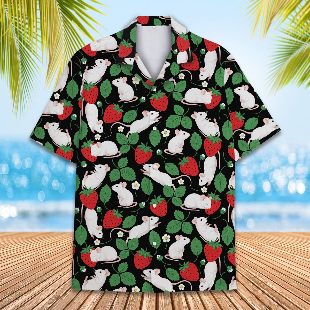 Matching family Hawaiian shirts with mice and strawberries pattern, main view