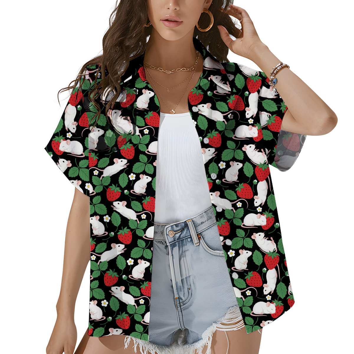 Lifestyle shot of the black strawberries hawaiian shirt outdoors