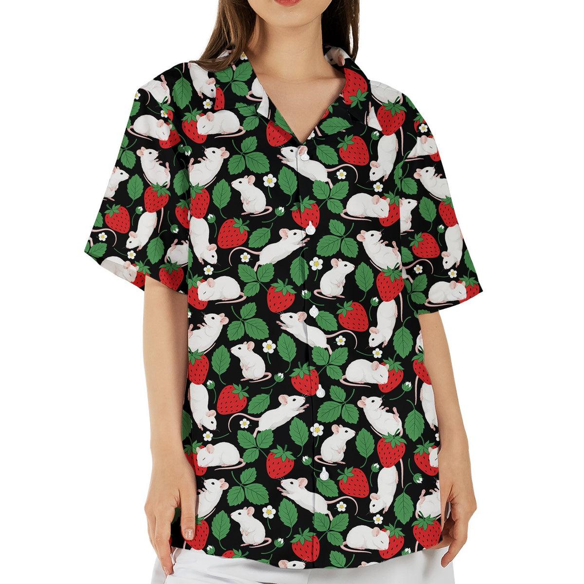 Family wearing matching mice and strawberries Hawaiian shirts, lifestyle view