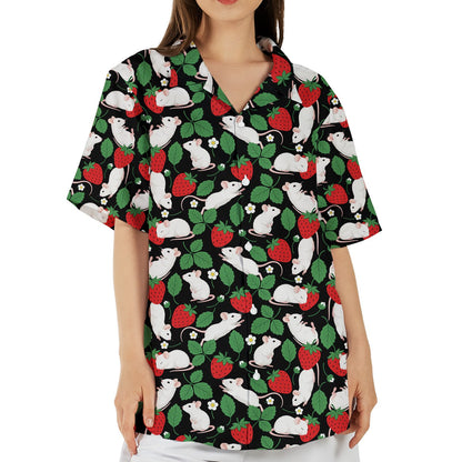 Family wearing matching mice and strawberries Hawaiian shirts, lifestyle view