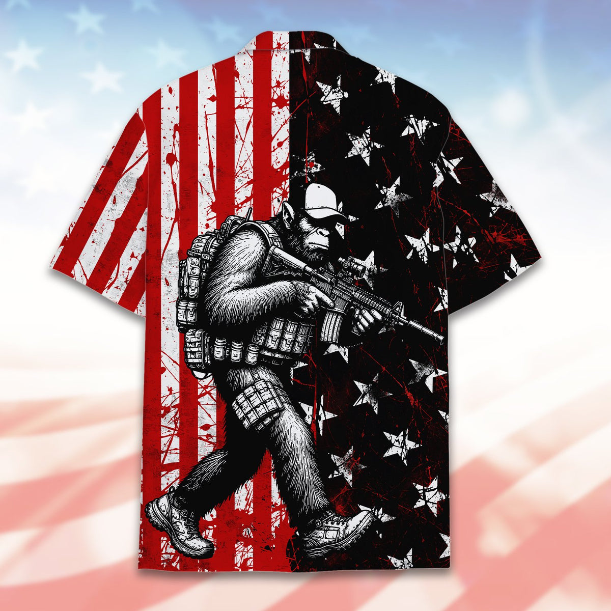 Detailed back view showing the distressed flag design on the hawaiian shirt