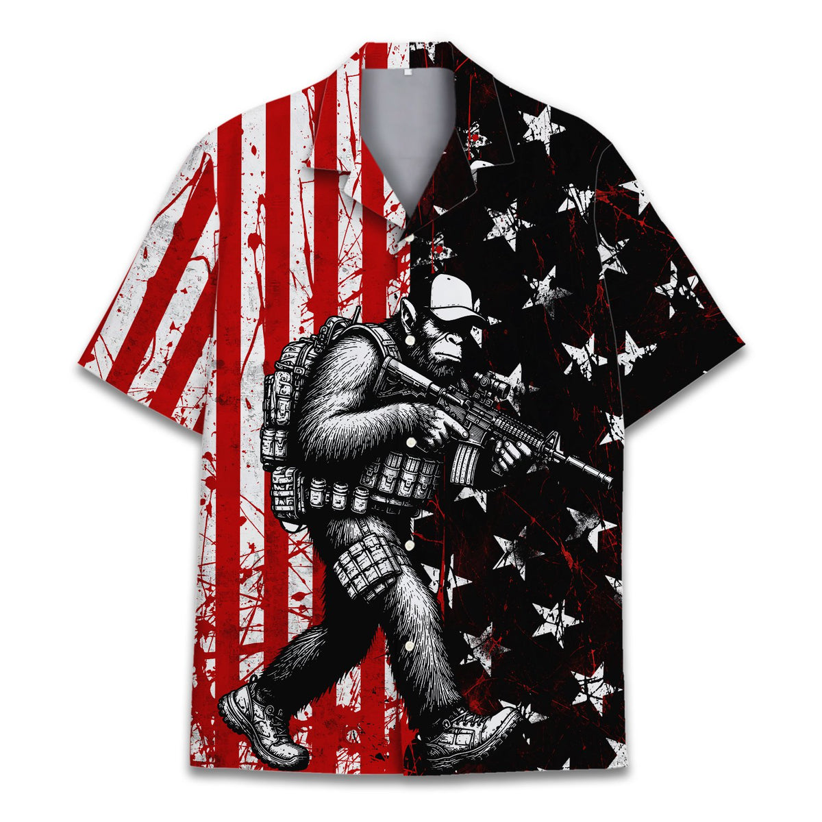 Close-up front view of the patriotic tactical gorilla hawaiian shirt