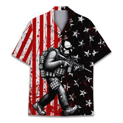 Close-up front view of the patriotic tactical gorilla hawaiian shirt
